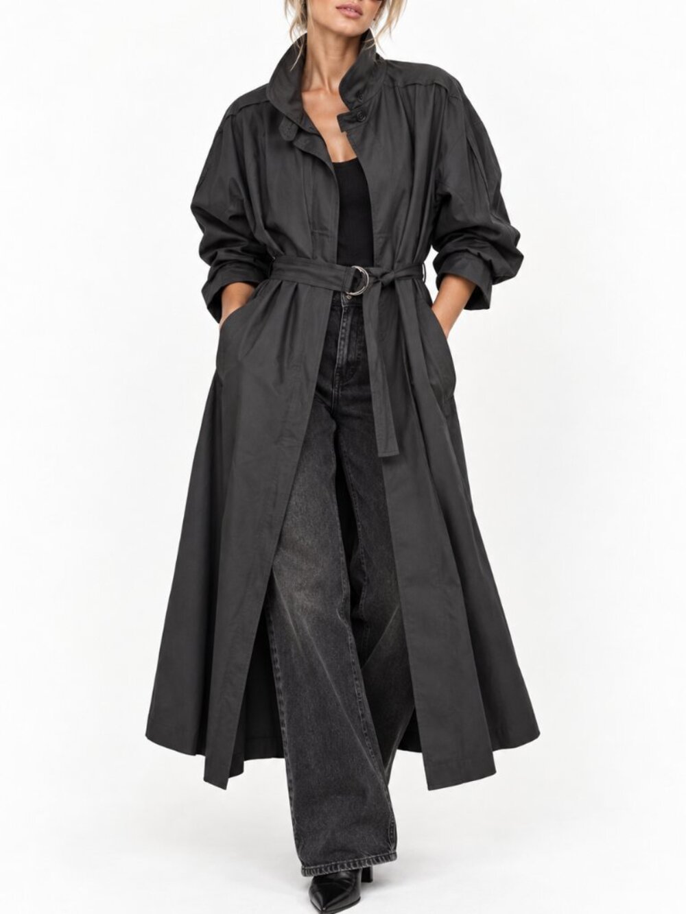 Vintage Forty Two Gale Gould Black Belted Trench Coat Duster
